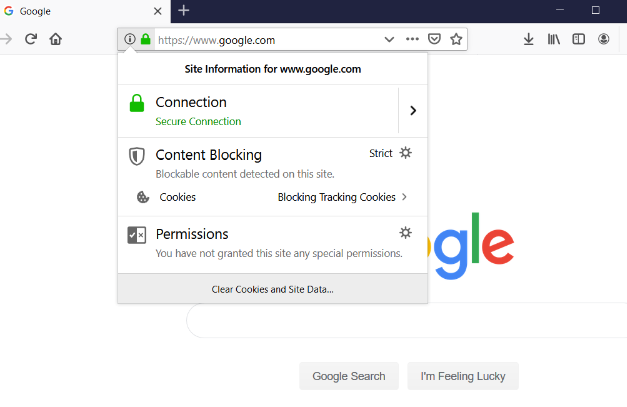 Graphic: Screenshot of Google.com viewed in Firefox, showcasing the HTTPS padlock.