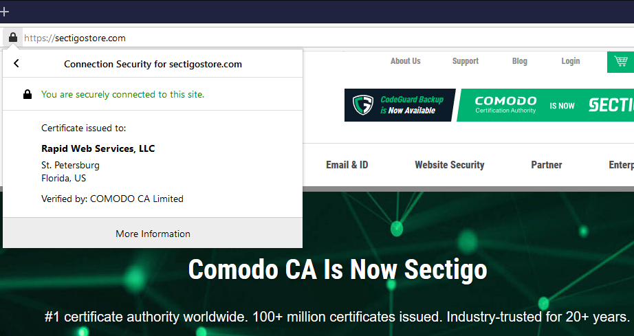 Graphic: A screenshot of SectigoStore.com and its verified company info on the SSL certificate.