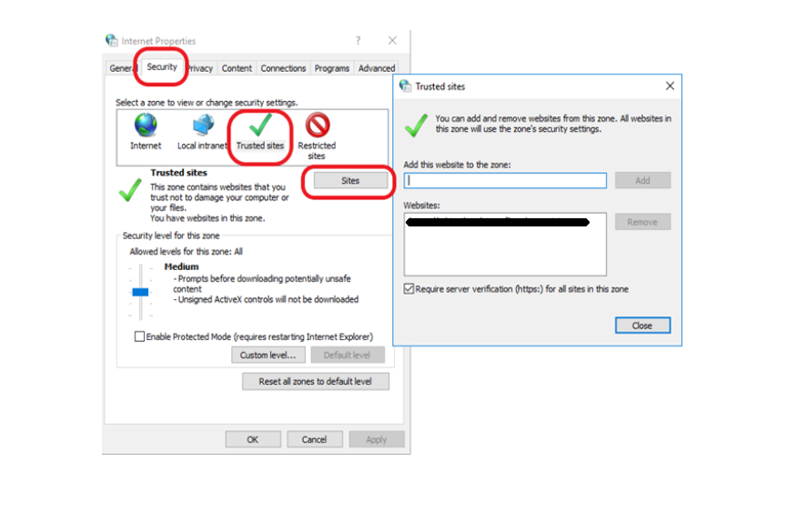 Screenshot of the Internet Properties window and Trusted Sites window