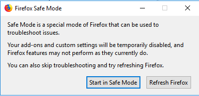 screenshot of the Firefox safe mode window