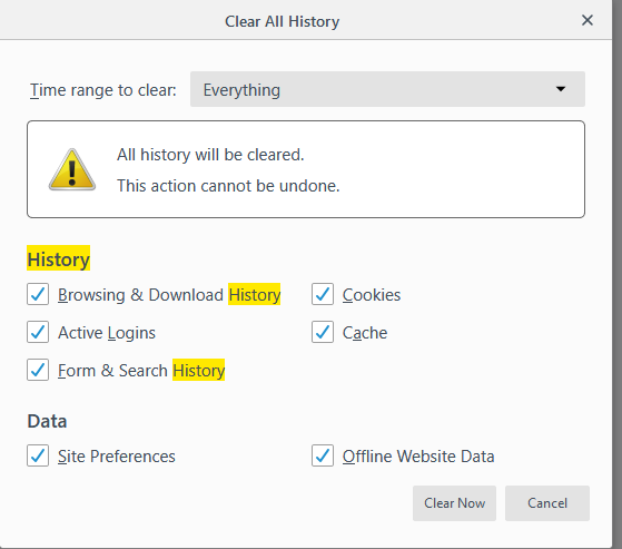 Screenshot of the Clear All History window