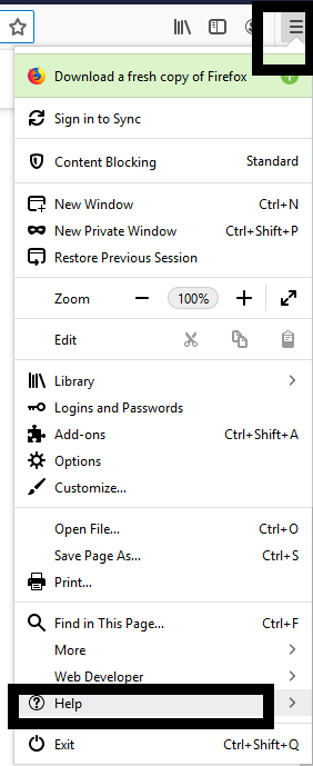 A screenshot of the Firefox menu with help selected