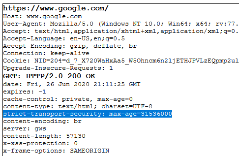 What is HSTS screenshot of Google.com's header information, including an example of HTTP strict transport security in action.