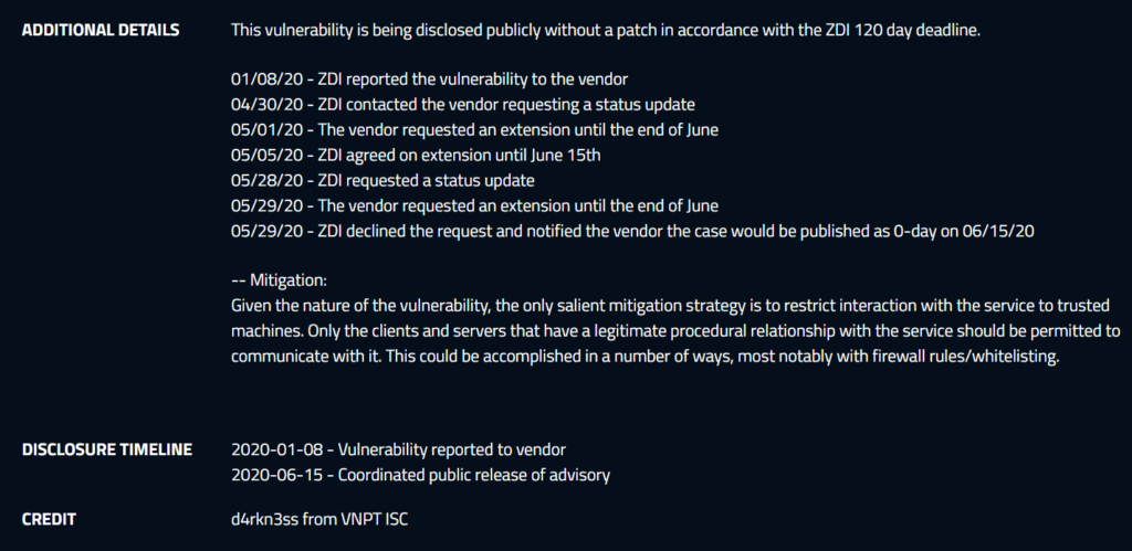 Screenshot of the information about the Netgear zero day vulnerabilities from the ZDI website.