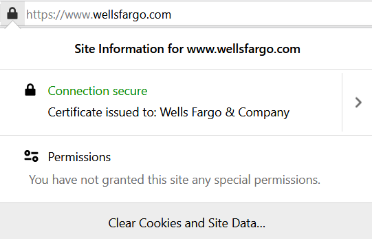 A screenshot of SSL validation information for Wells Fargo as an organization using an EV SSL certificate