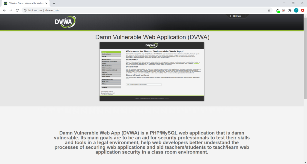 Screenshot of the DVWA vulnerable web app website