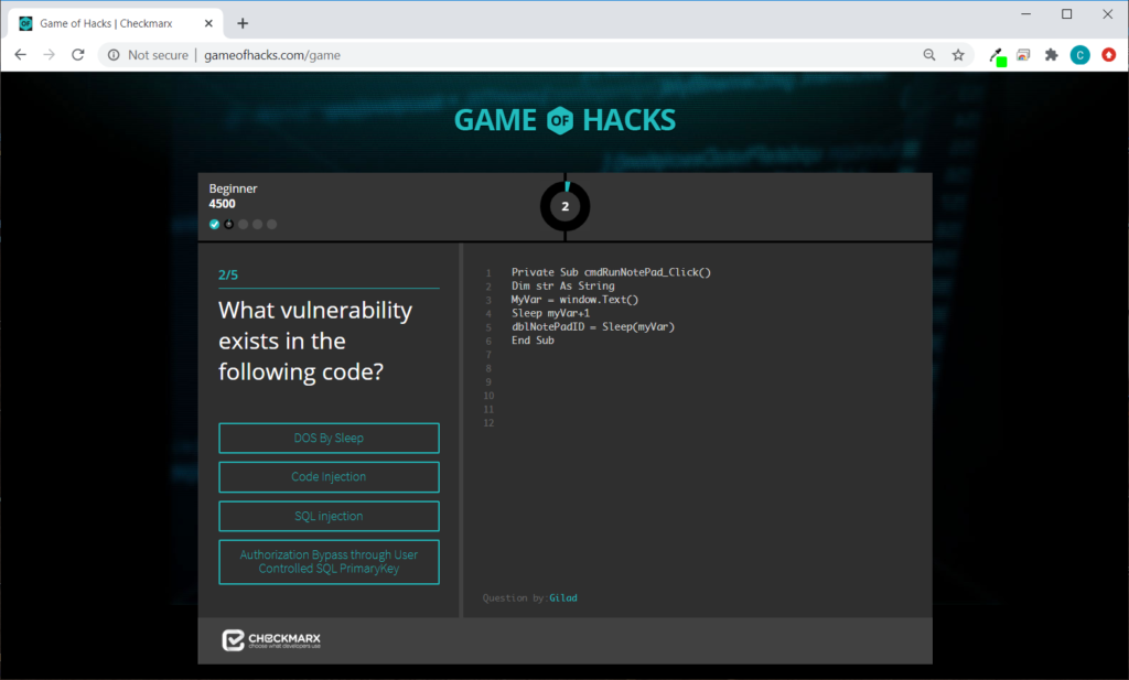 Screenshot of one of the timed beginner challenges on the Game of Hacks vulnerable website platform.