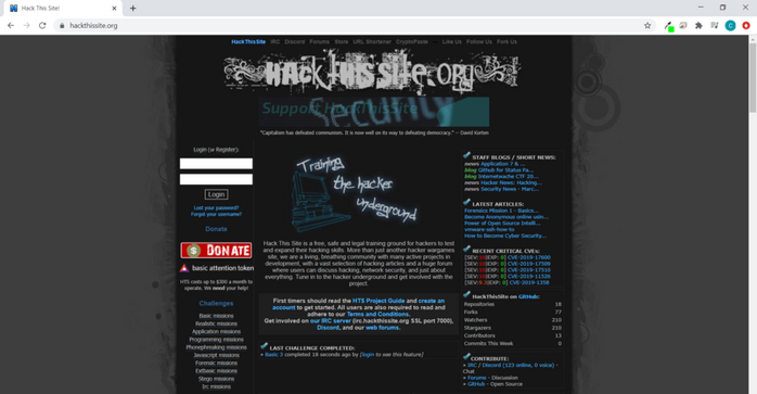 Screenshot of the hackthissite vulnerable website