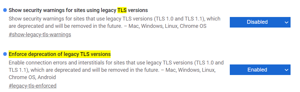 A screenshot of the window that enables legacy TLS protocols.