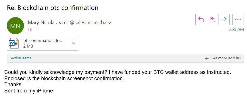 A screenshot of a BTC wallet phishing email