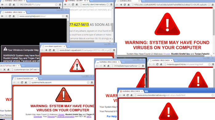 Screenshot from Malwarebytes of fake antivirus warning messages