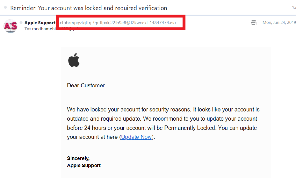 An example of an email phishing attack