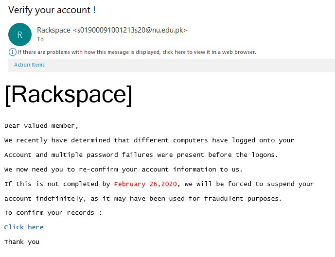 An example of a fake (phishing) email from Rackspace