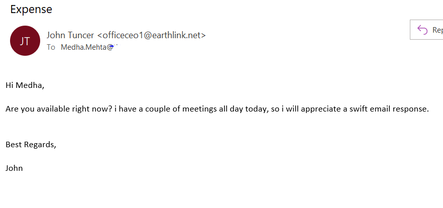 A screenshot of a fake email from a CEO