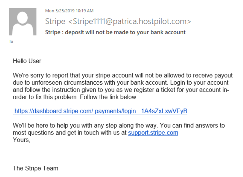 Example of how to spot a fake email from Stripe (from idtheftcenter.org)