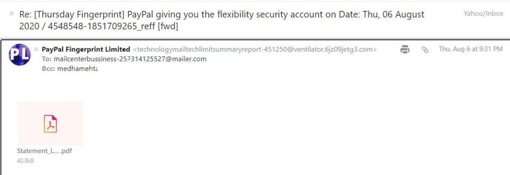 Screenshot from a PayPal phishing email