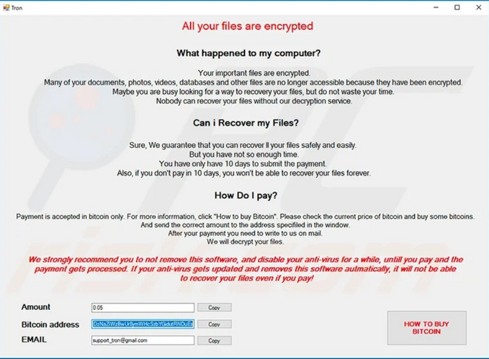 Screenshot of a ransomware notification from a ransomware trojan