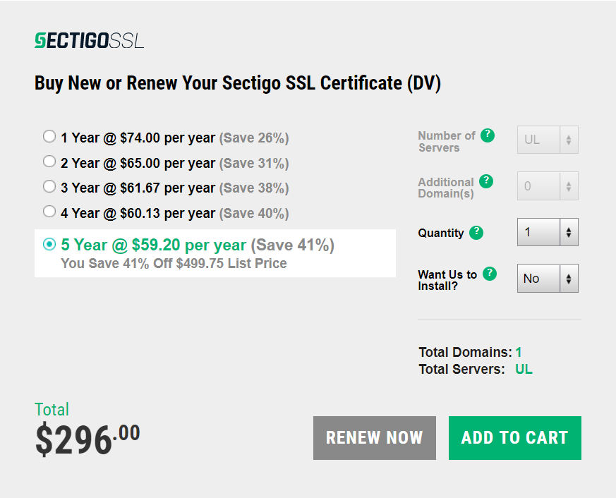 Screenshot of one of Sectigo's SSL/TLS certificate subscription plans in preparation of the industry's move to one year validity