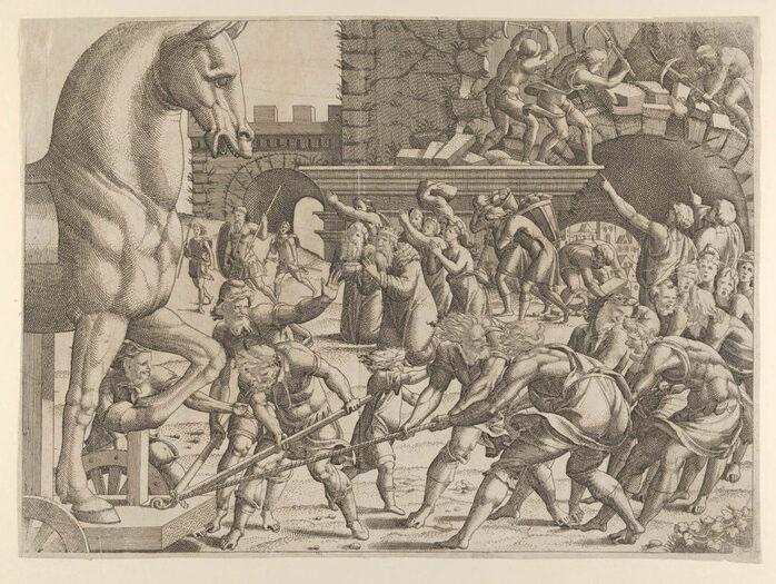 A public domain image of artwork depicting the trojan horse being brought into the city of Troy.