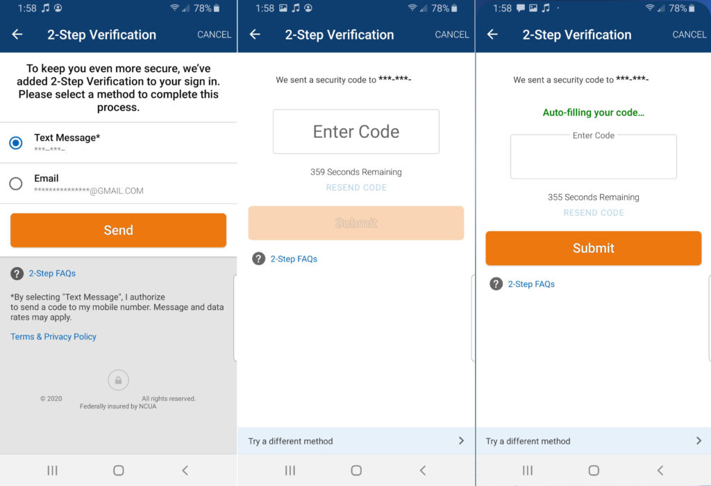 A series of three screenshots from a banking website's two-step verification process