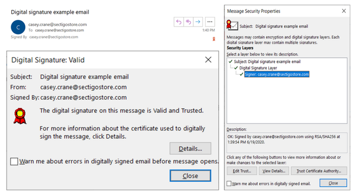 A series of screenshots of how an email signing certificate displays