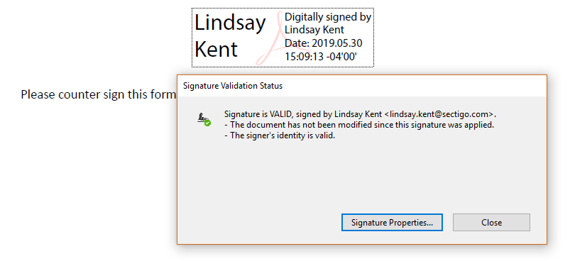 A screenshot example of a document signing certificate status