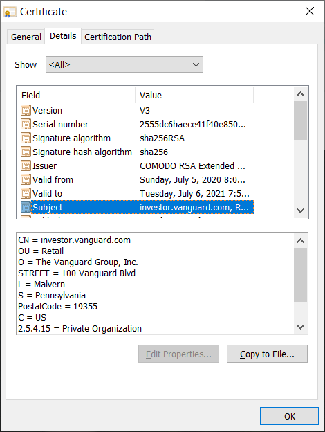 The certificate details that shows the organizational info of the certificate requestor