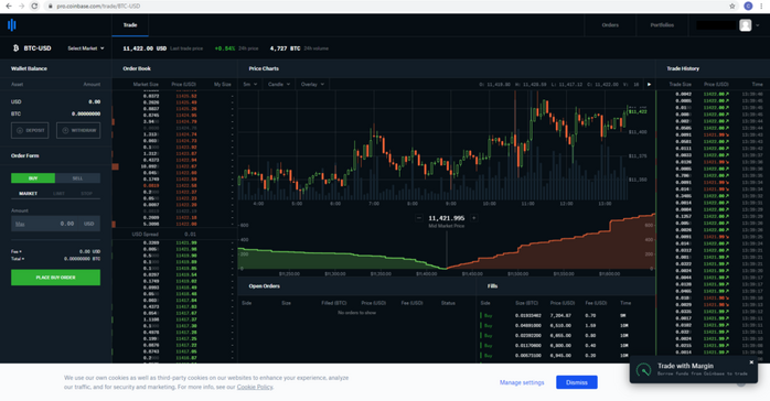 A screenshot of the coinbase.com Bitcoin trading dashboard