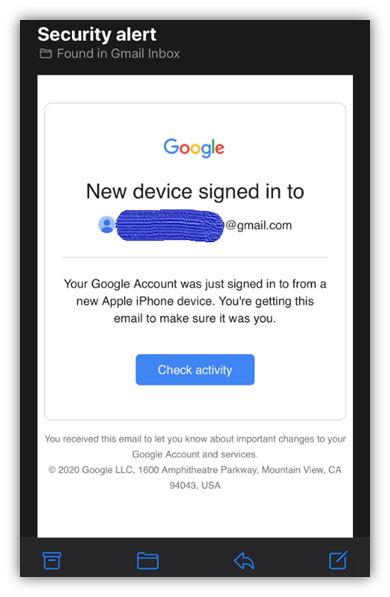 A screenshot that helps you to know have I been hacked: Google sends out alerts when you sign in from new devices