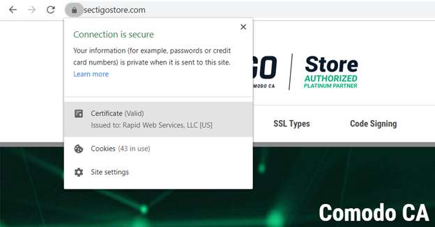 A screenshot showcasing sectigostore.com's website security certificate