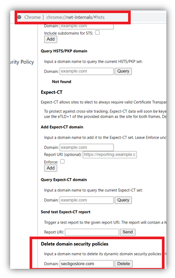 Screenshot of the process for how to disable HSTS in Chrome