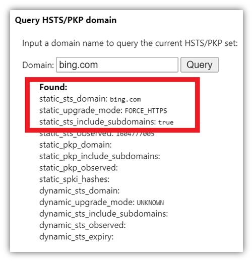 A screenshot of the HSTS domain query in Chrome