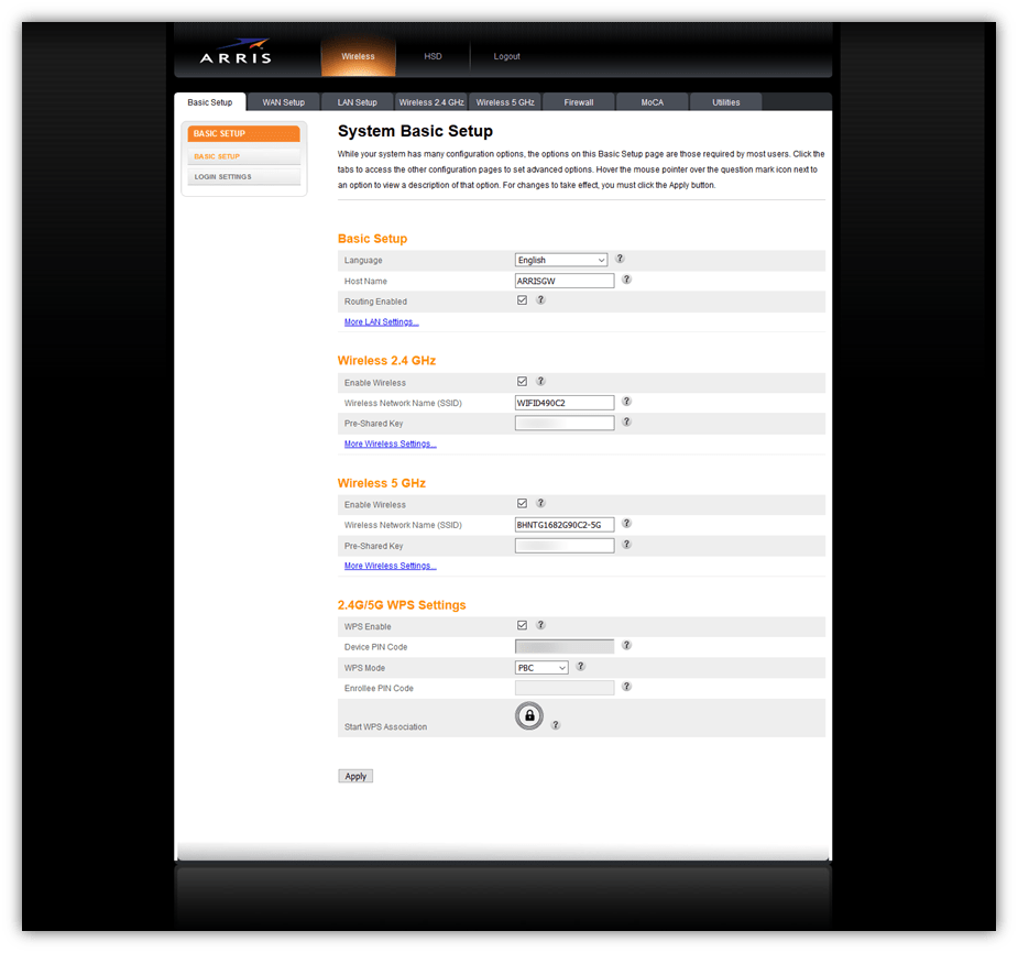 Screenshot of a router's system setup screen