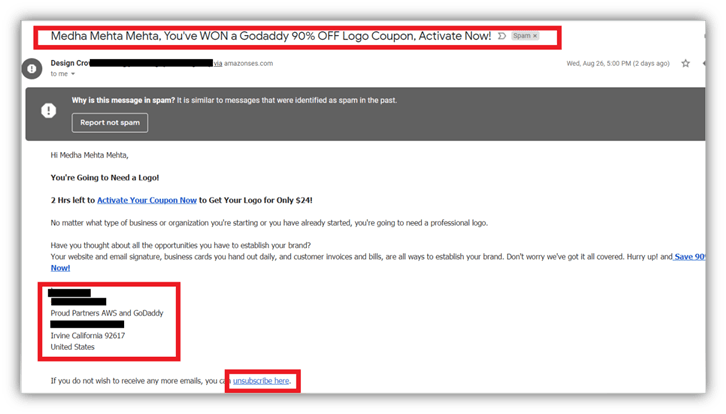 Spam vs phishing screenshot example of a spam email