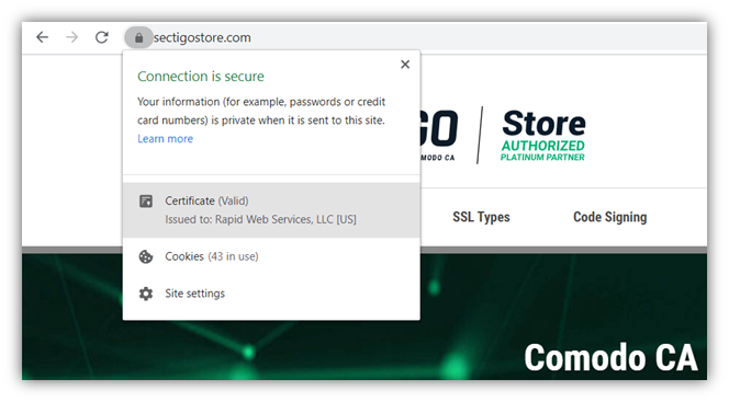 Asymmetric encryption makes website security possible - screenshot of the secure padlock icon and SSL/TLS certificate info