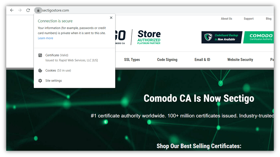 Securing a website graphic: Screenshot of the sectigostore.com certificate information