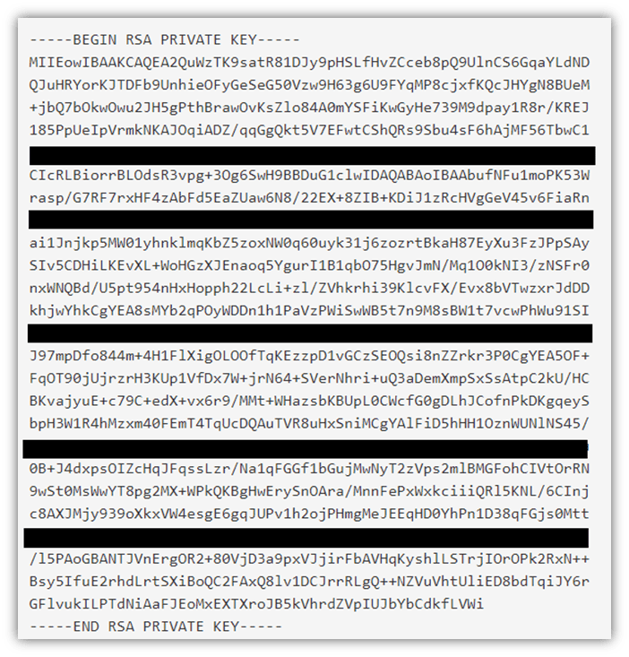 Public key vs private key graphic: This image, which has been edited to remove sensitive information, showcases an example RSA private key