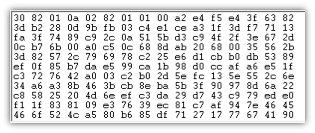 Public key vs private key graphic: A screenshot of a public key, which is a long string of random and unpredictable characters and numbers 