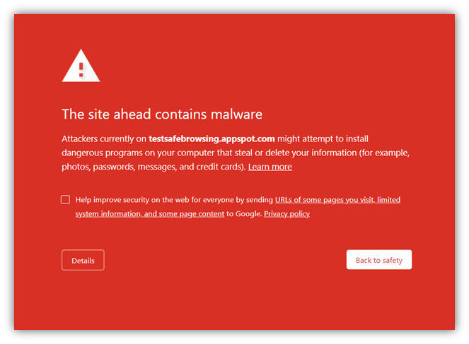 Google URL blacklist screenshot on Chrome warns users that "The site ahead contains malware"