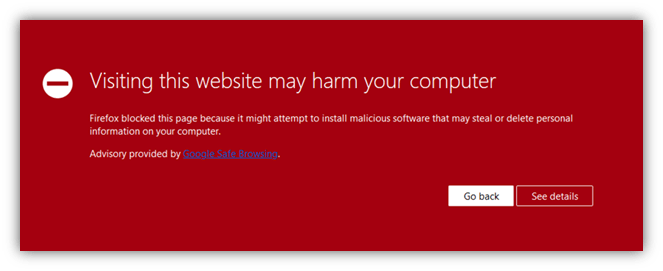 Google URL blacklist screenshot on Firefox warns users that "Visiting this website may harm your computer"