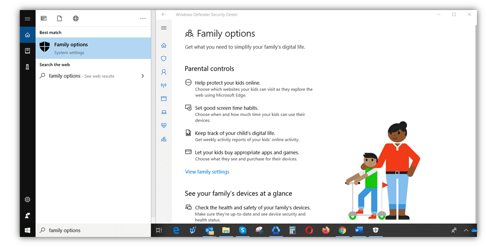 Internet safety for kids graphic: A screenshot of the Family Options setting window on Microsoft devices