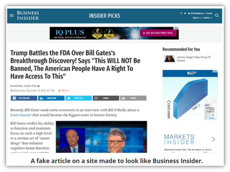 A cybersquatting example of a fake Business Insider article