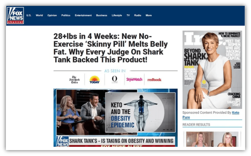 Cybersquatting examples graphic: A screenshot of a fake article on a Fox News website