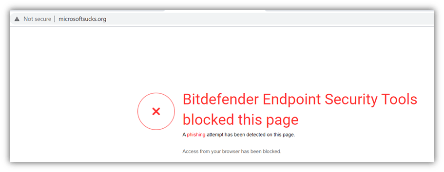 Cybersquatting examples graphic: A screenshot of the Bitdefender warning message that displays on microsoftsucks.org.