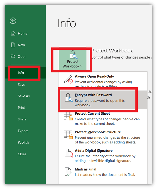 How to prevent being hacked graphic: A screenshot showcasing how to encrypt files in Excel