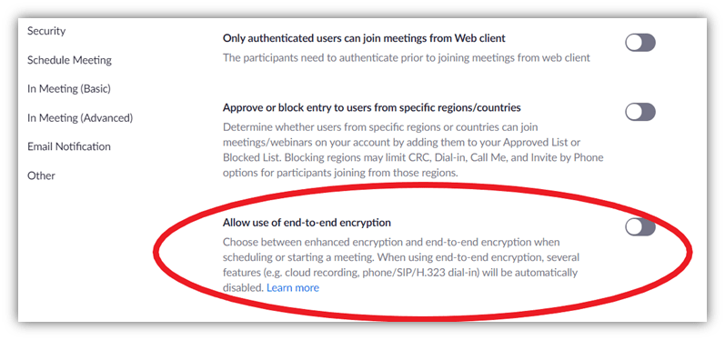 A screenshot showing how to enable end-to-end encryption in your Zoom security settings