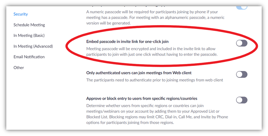 A screenshot showing where to enable the passcode for the one-click join option in Zoom security settings