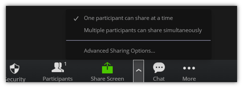 A screenshot of the Zoom security settings window that allows meeting hosts to limit the number of people who can share their screen simultaneously