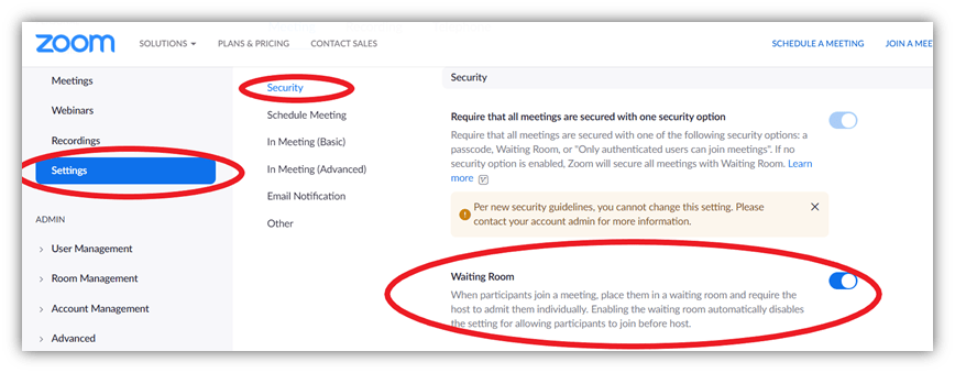 Zoom security settings screenshot of the waiting room feature
