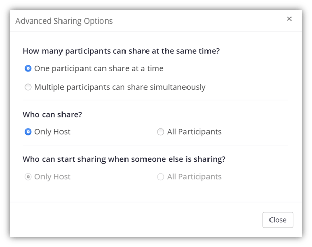 A screenshot of the Zoom security settings window that allows meeting hosts to limit the number of people who can share their screen.